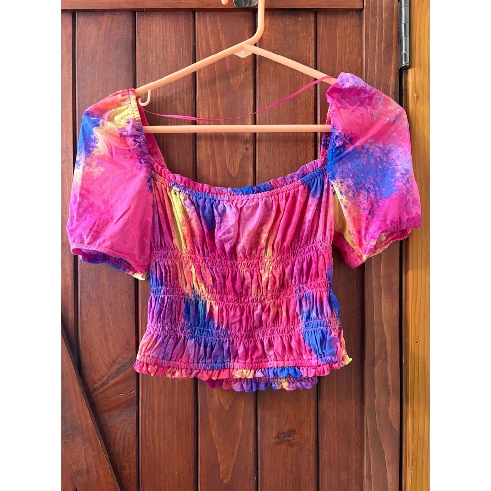 Bar III‎ Women Tie Dye Smocked Puff Sleeve Crop Top Pink Blue XS